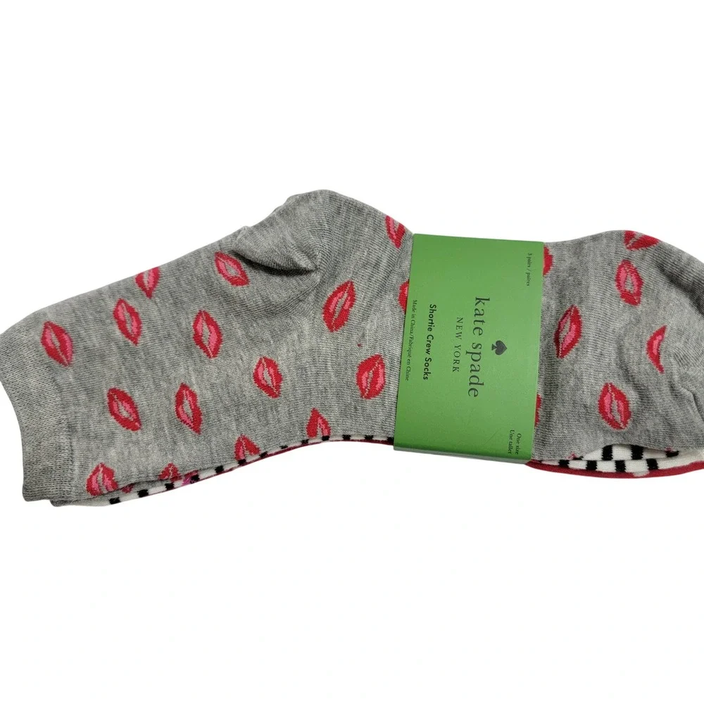 NEW Kate Spade New York Shortie‎ Crew Socks 3 Pairs Lips Kiss Stripes Polka Dots
